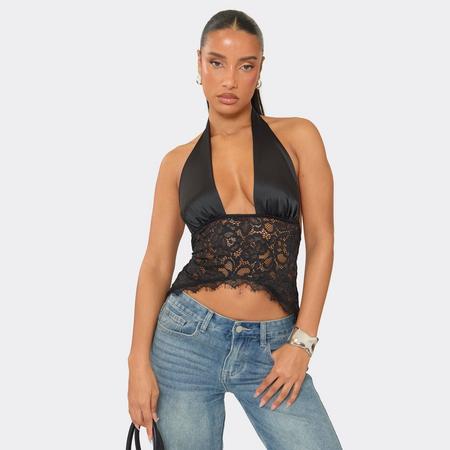 Halter Neck Lace Body Detail Top In Black Satin, Women's Size