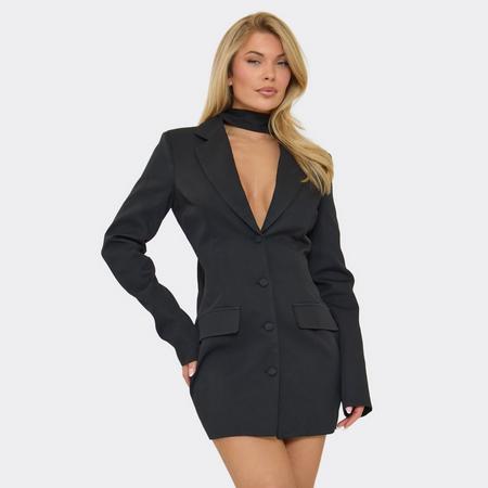 Shoulder Pad Scarf Detail Ced Waist Blazer Dress In Black Woven, Women's Size