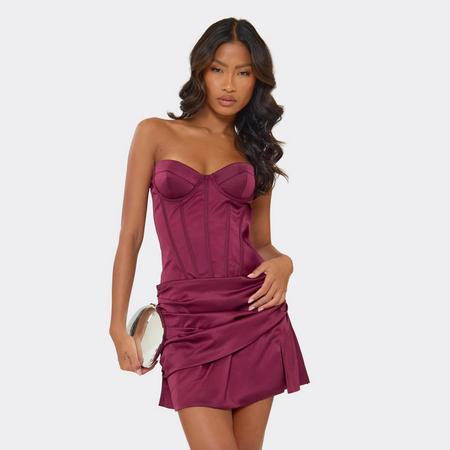 Bandeau Underwired Boning Detail Ruched Split Leg Mini Dress In Plum Satin, Women's Size