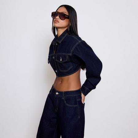 Long Sleeve Button Front Shoulder Pad Cropped Jacket In Indigo Blue Denim, Women's Size