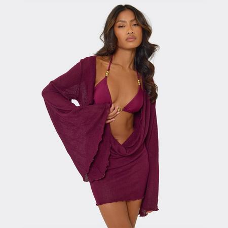 Plunge Cowl Neck Flared Sleeve Mini Beach Dress In Plum Sheer, Women's Size
