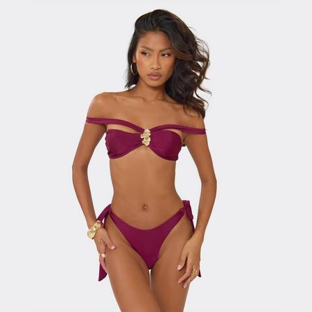 Strappy Bardot Trim Detail Piece Bikini Set In Plum, Women's Size