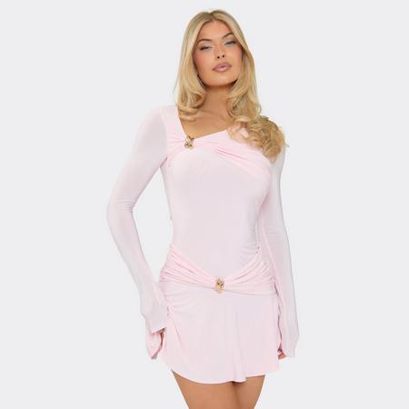 Long Sleeve Trim Frilled Hem Detail Mini Dress In Baby Pink, Women's Size