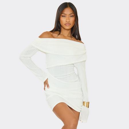 Asymmetric Neck Overlay Mini Dress In Cream Rib, Women's Size