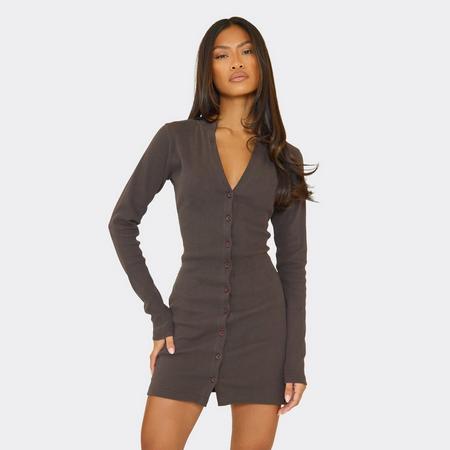 Long Sleeve Ced Waist Button Down Mini Dress In Chocolate Brown Rib, Women's Size