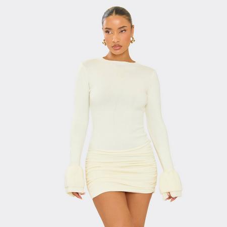 Ruffle Sleeve Ruched Front Mini Dress In Cream Knit, Women's Size
