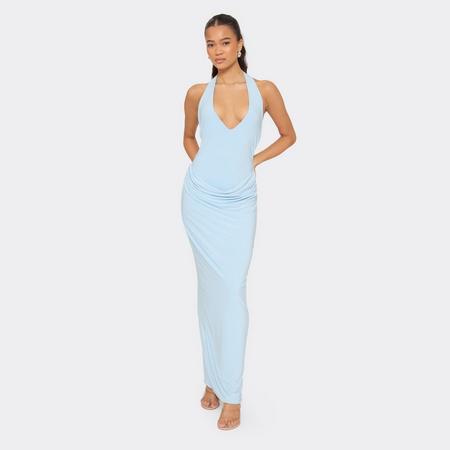 Plunge Halterneck Maxi Dress In Baby Blue, Women's Size