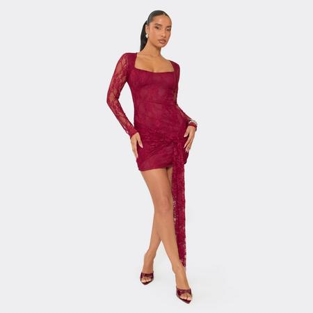 Long Sleeve Square Neck Tie Drape Detail Mini Dress In Burgundy Lace, Women's Size