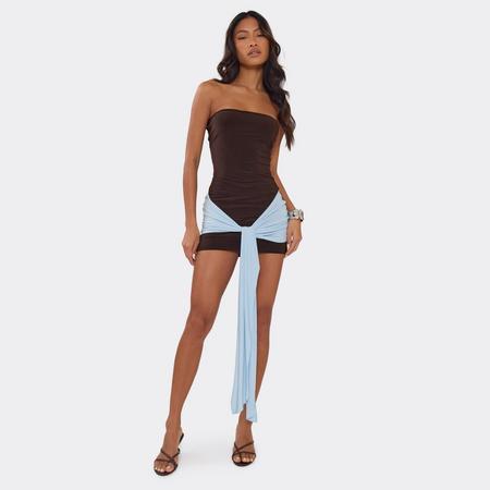 Bandeau Contrast Tie Drape Mini Dress In Chocolate Brown, Women's Size