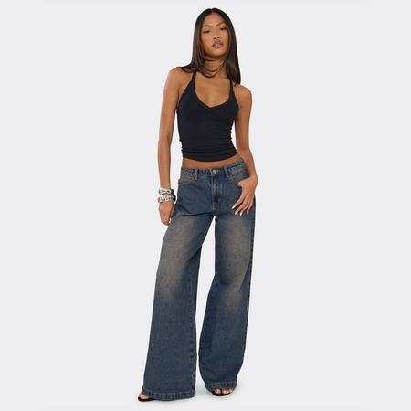 Low Rise Button Detail Boyfriend Jeans In Vintage Blue Denim, Women's Size