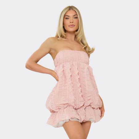 Bandeau Puffball Ruffle Detail Mini Dress In Pink Textured, Women's Size