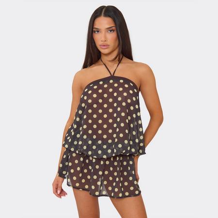 Halterneck Blouson Frilled Mini Dress In Chocolate Brown Polka Dot, Women's Size