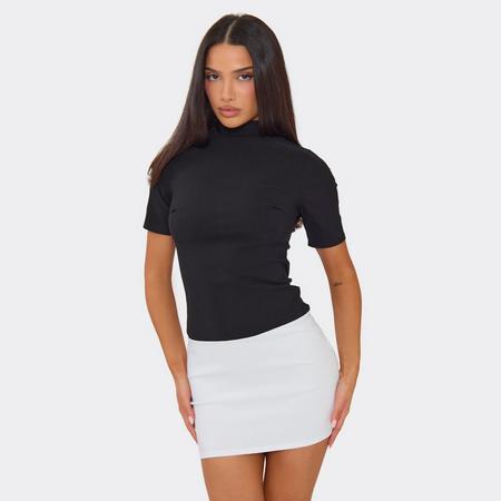 High Neck Short Sleeve Contrast Hem Mini Dress In Black, Women's Size
