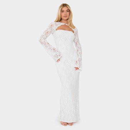 Long Sleeve Cut Out Front Maxi Dress In White Lace, Women's Size