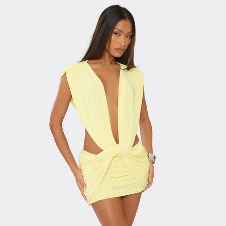 Extreme Cowl Neck Cut Out Waist Detail Ruched Mini Dress In Lemon Yellow, Women's Size