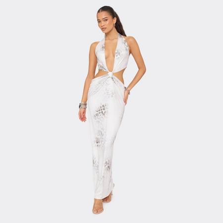 Halterneck Plunge Front Cut Out Side Detail Maxi Dress In White Leopard Print, Women's Size