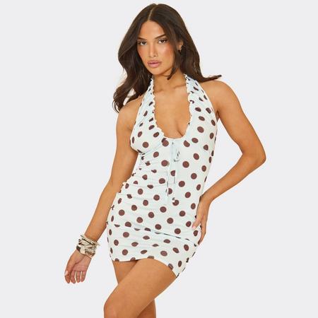 Plunge Halter Neck Tie Detail Mini Dress In Blue Polka Dot, Women's Size