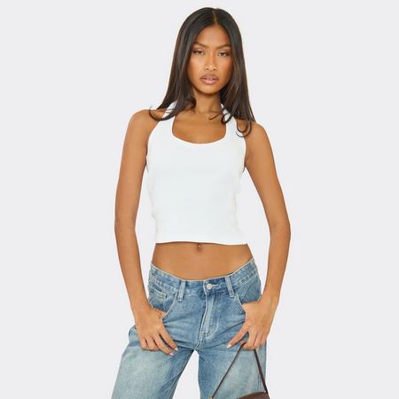 Scoop Halter Neck Basic Top In White, Women's Size
