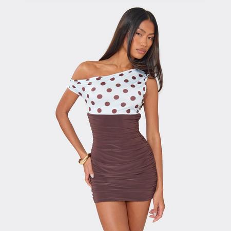 Asymmetric Neckline Mini Dress In Brown Polka Dot, Women's Size