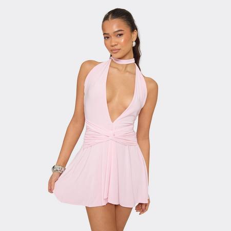 Plunge Front Scarf Knot Detail Mini Dress In Baby Pink, Women's Size