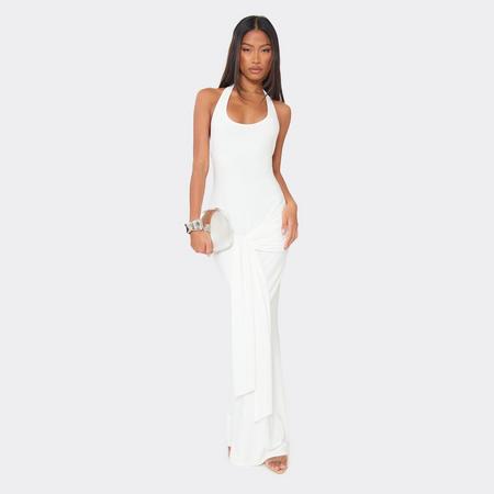 Halter Neck Tie Drape Maxi Dress In White, Women's Size
