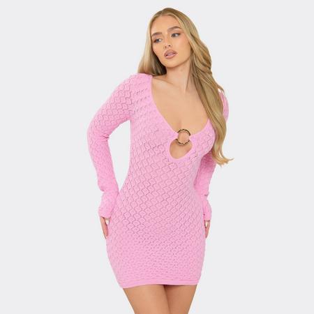 Long Sleeve Trim Detail Mini Dress In Pink Crochet Knit, Women's Size