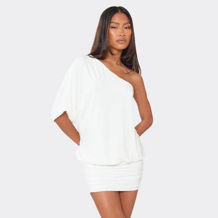 One Shoulder Blouson Mini Dress In White, Women's Size