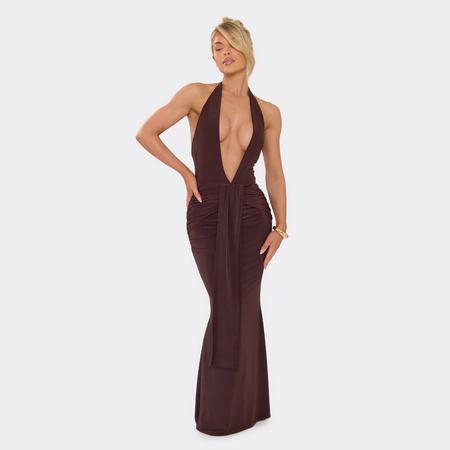 Plunge Halterneck Drape Front Detail Ruched Maxi Dress In Chocolate Brown, Women's Size