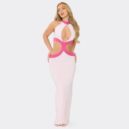 High Neck Plunge Cut Out Detail Contrast Maxi Dress In Pink, Women's Size