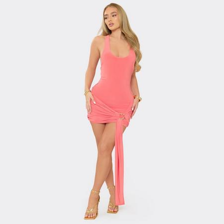 Sleeveless Low Racer Back Drape Trim Mini Dress In Coral Slinky, Women's Size