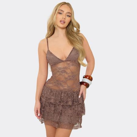 Strappy V Neck Tiered Frill Mini Dress In Chocolate Brown Lace, Women's Size
