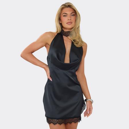 Lace Choker Trim Detail Cowl Front Mini Dress In Black Satin, Women's Size