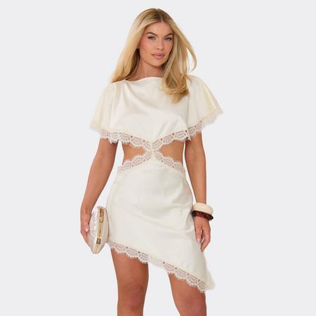 Short Sleeve Cut Out Waist Asymmetric Lace Trim Mini Dress In Cream, Women's Size