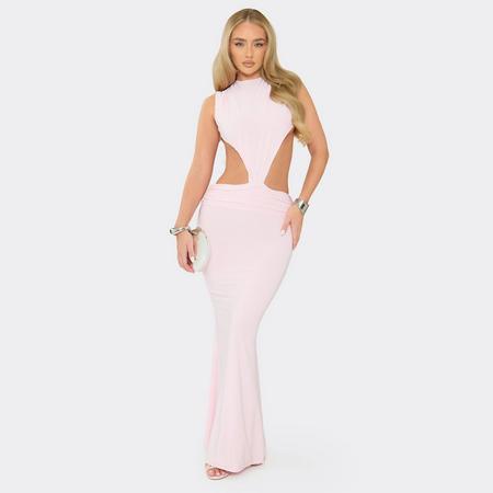 Sleeveless Cut Out Open Back Detail Ruched Maxi Dress In Baby Pink, Women's Size