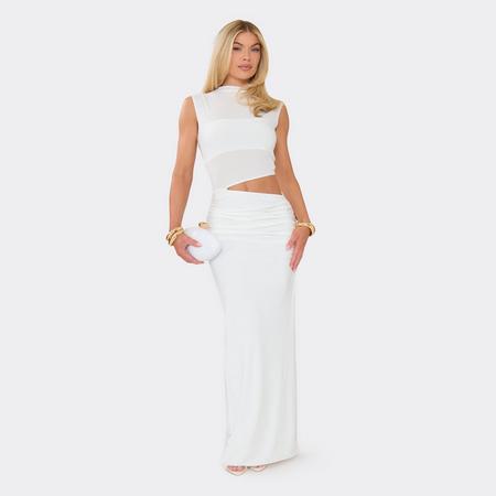 Short Sleeve High Neck Mesh Panel Cut Out Maxi Dress In White, Women's Size