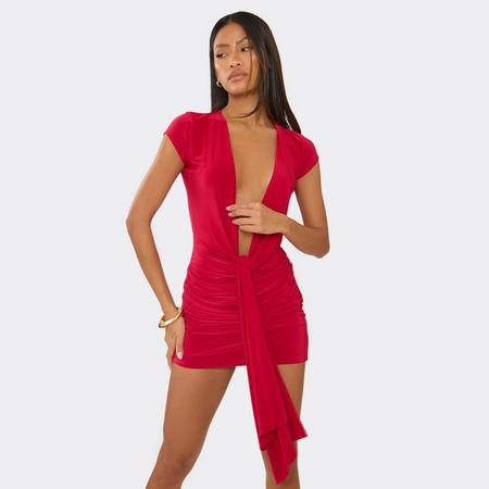 Cap Sleeve Plunge Front Drape Mini Dress In Red, Women's Size