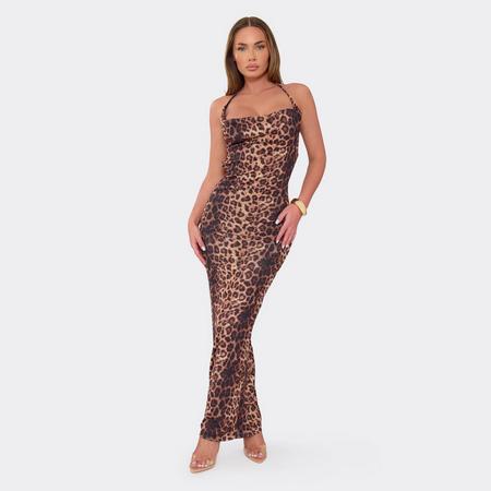 Cowl Front Halterneck Maxi Dress In Brown Leopard Print, Women's Size