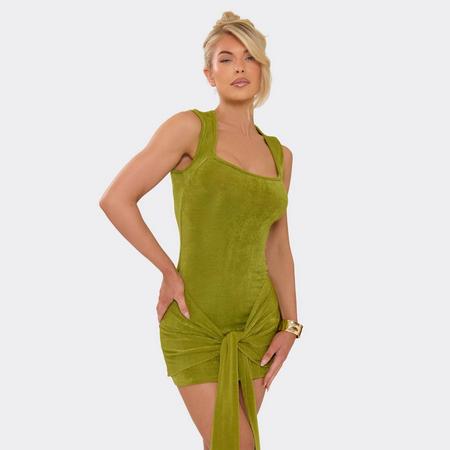 Square Neck Drape Mini Dress In Khaki Green, Women's Size