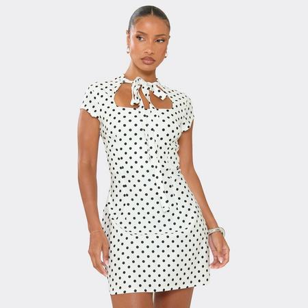 Cap Sleeve Tie Front Detail Mini Dress In White Polka Dot, Women's Size