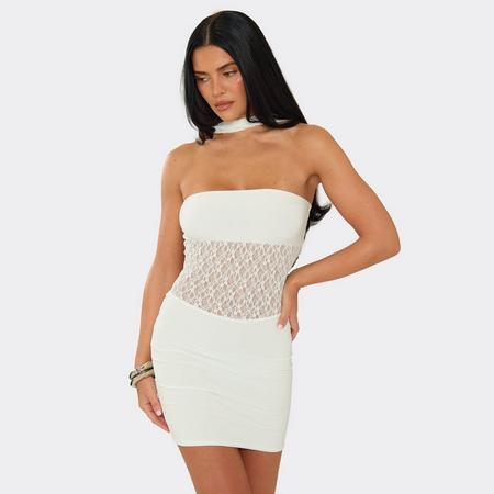 Bandeau Lace Panel Detail Mini Dress With Scarf In Ivory Slinky, Women's Size