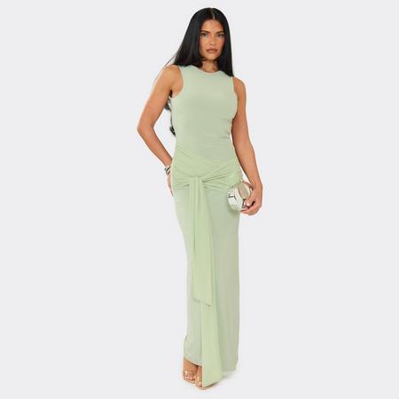 Sleeveless Tie Drape Front Maxi Dress In Sage Green Slinky, Women's Size