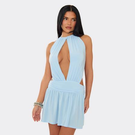 Halterneck Key Hole Cut Out Open Back Mini Dress In Baby Blue, Women's Size