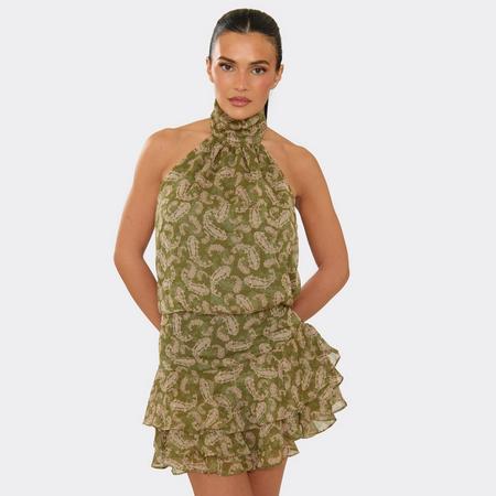 Halterneck Ruffle Hem Mini Dress In Multi Abstract Print, Women's Size