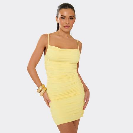Strappy Ruched Mini Dress In Yellow Slinky, Women's Size