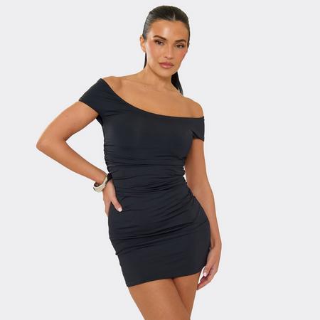 Off The Shoulder Ruched Mini Dress In Black Slinky, Women's Size