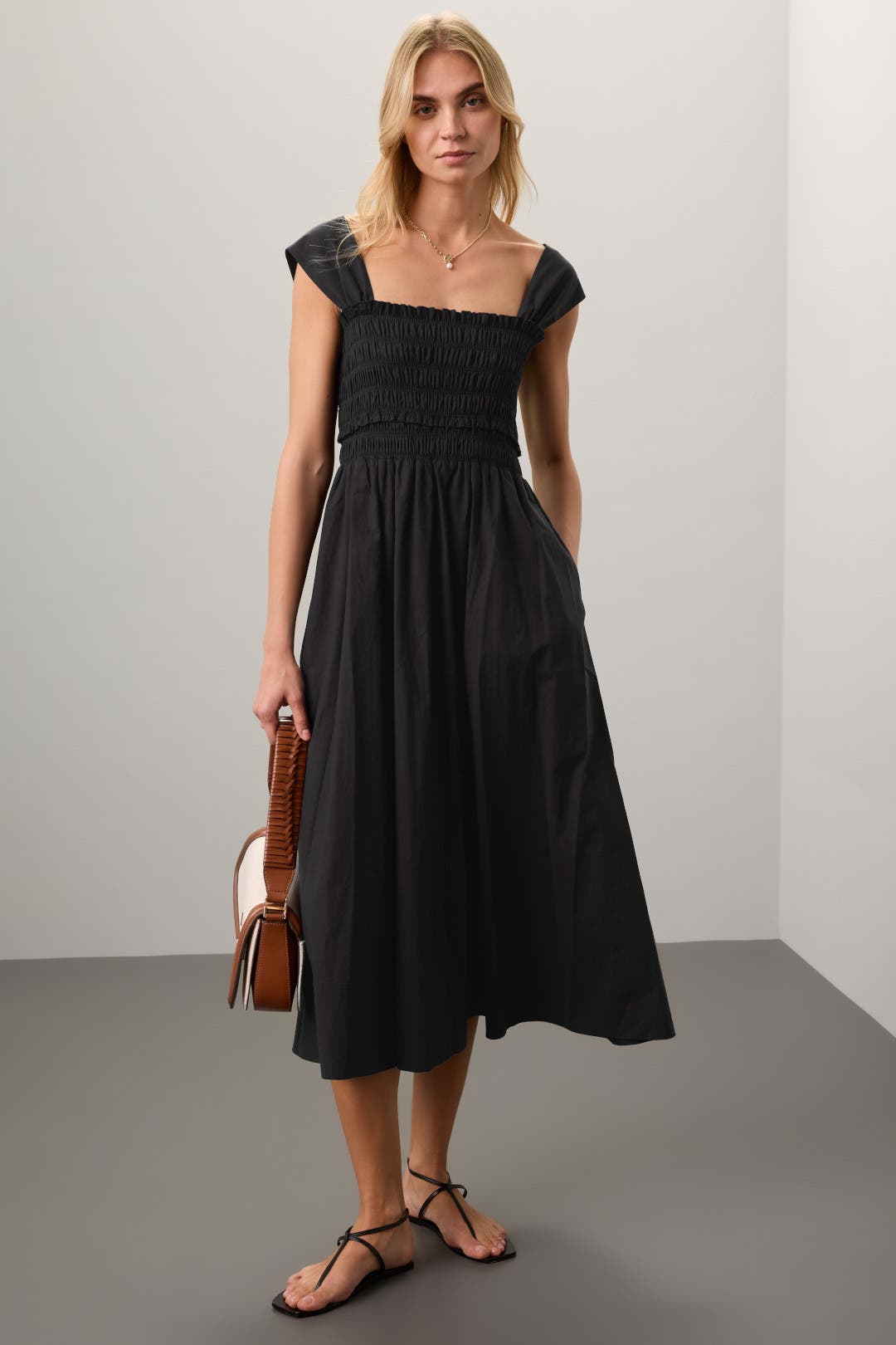 Club Monaco Cotton Smocked Midi Dress Black