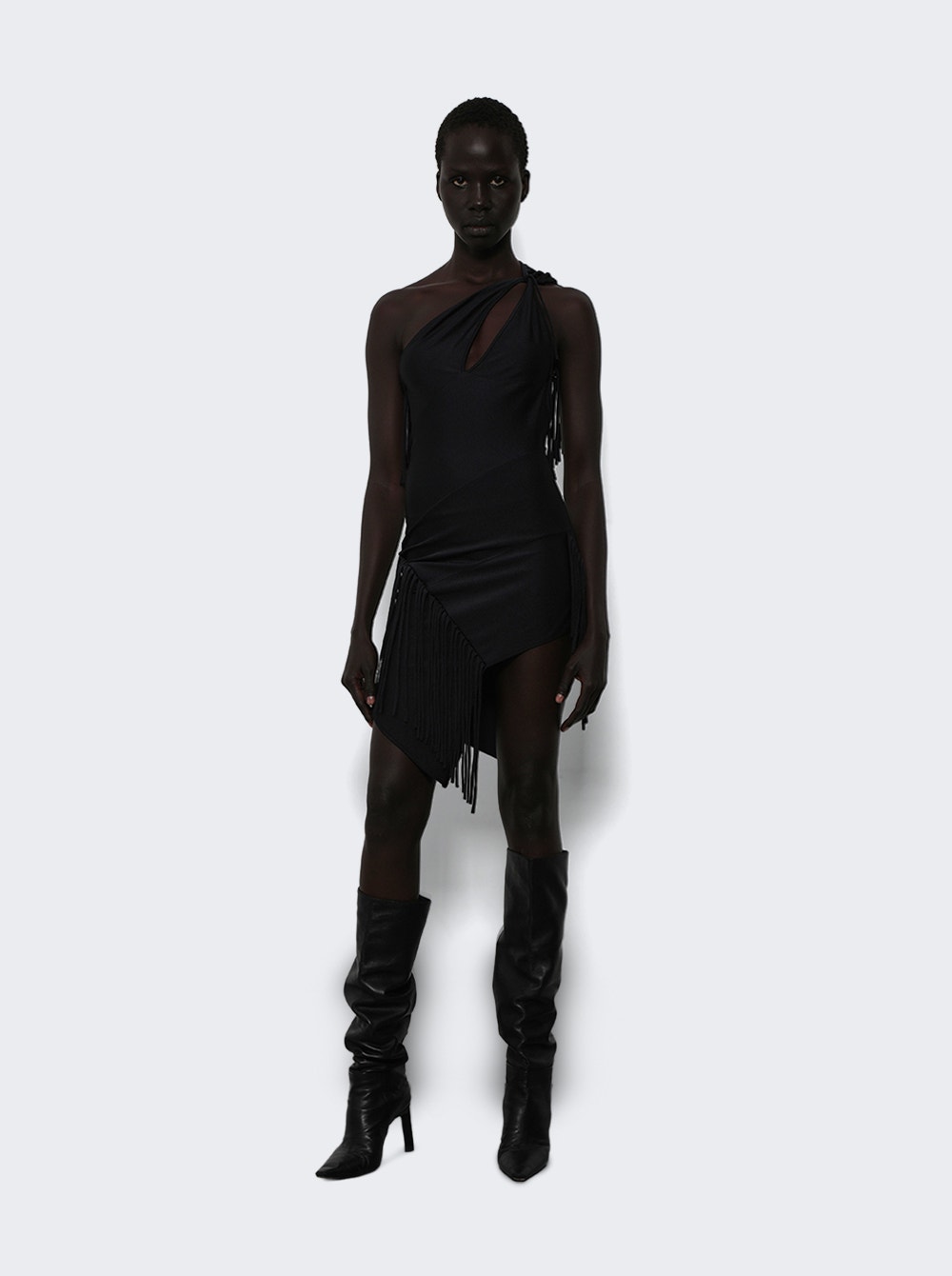 Asymmetric Fringed Jersey Dress Black