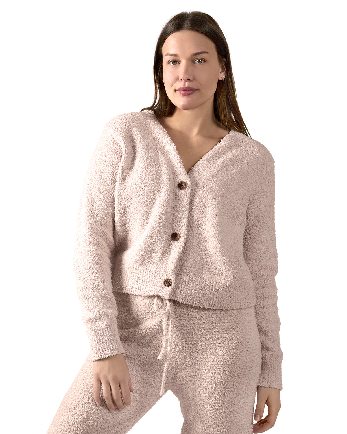 Women's Cozy Knit V-Neck Button-Down Cardigan Sweater - X-X Almond