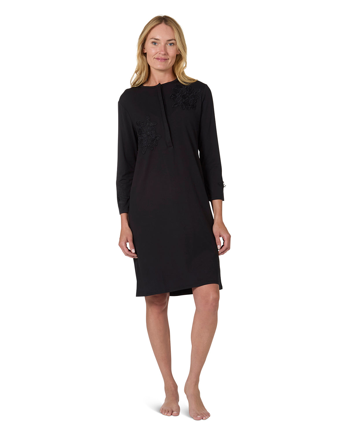 Women's Modal-Blend Long-Sleeve Embroidered Slip Dress - L Black