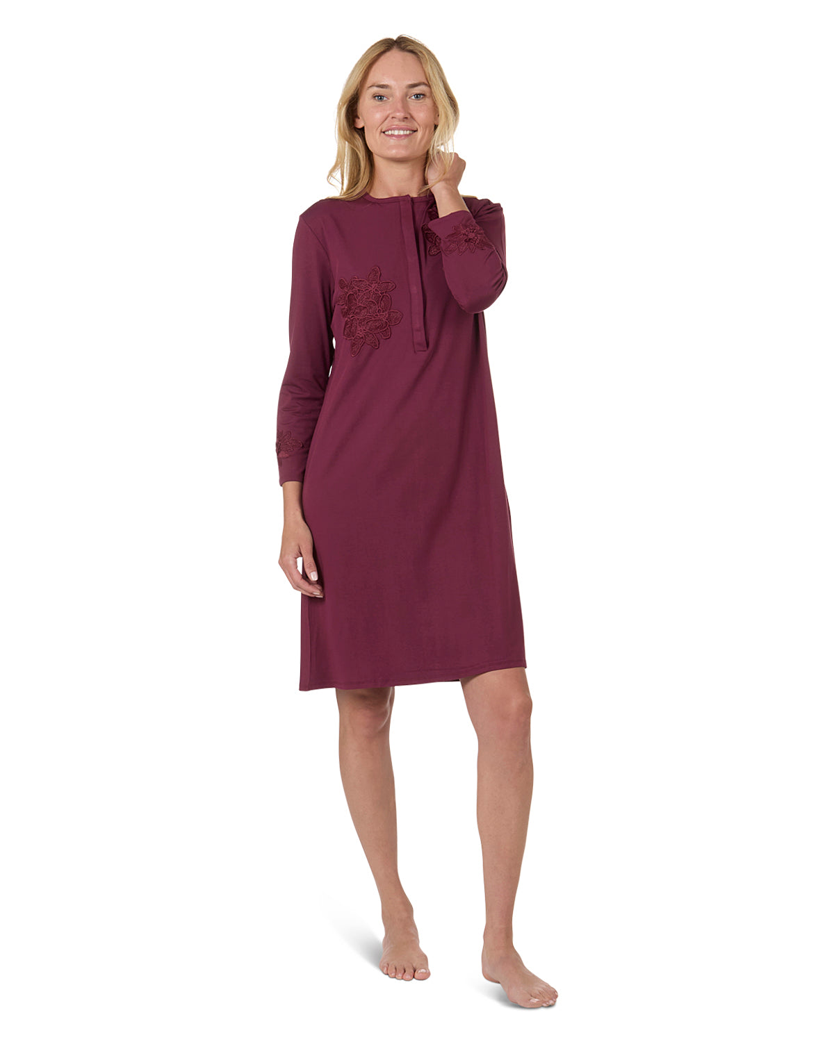 Women's Modal-Blend Long-Sleeve Embroidered Slip Dress - S Bordeaux